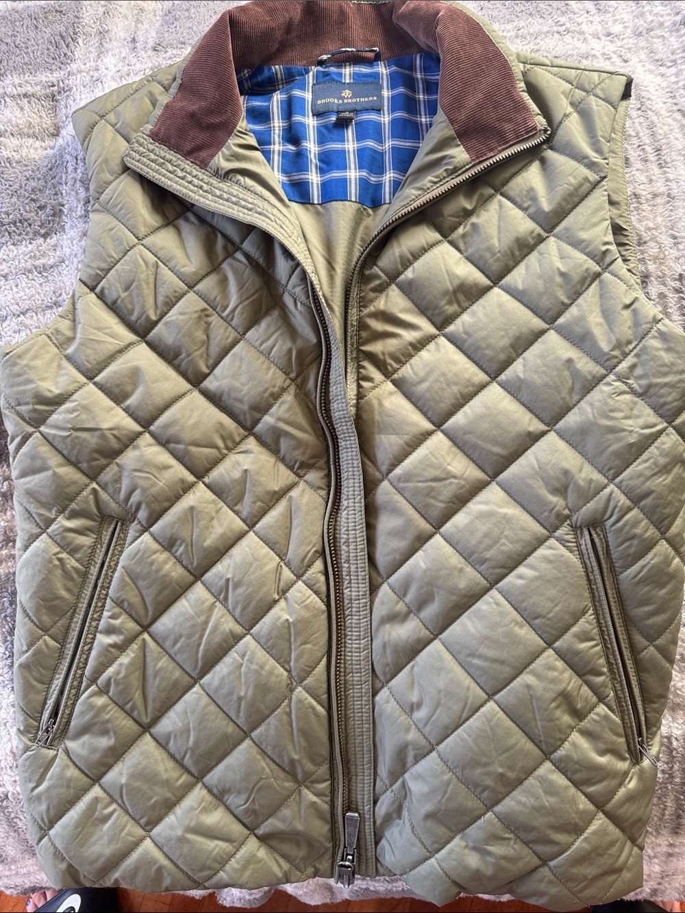 Brooks Brothers Quilted Olive Green Vest with Brown Corduroy Collar